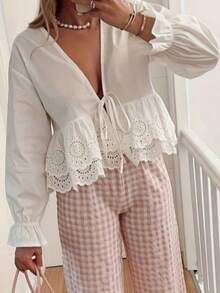 Plus Size Woven Long Sleeve Shirt With Hollow Lace Trim And Tie Front - White - View 2