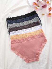 7pcs Solid Color Cotton Lace Patchwork Ribbed Sexy Romantic Comfortable Low Waist Women's Triangle Panties - Multicolor - View 5