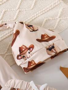2pcs/Set Baby Boy Casual Comfortable Animal Print Long Sleeve Romper + Printed Pants Set, Autumn/Winter - Apricot - View 5