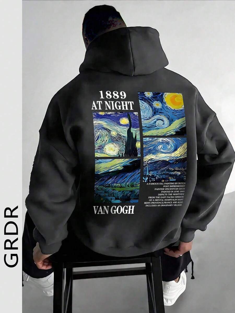 GRDR 男士休闲宽松印花连帽卫衣,秋冬款 - 深灰色 - 查看 1