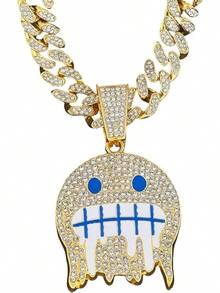 Men's Shiny Cuban Chain Necklace, Miami Style Silver Plated Gold Plated Shiny Necklace, Hop Necklace - 藍色-微笑金色 - 查看 4