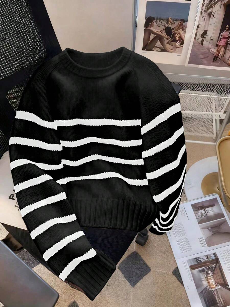 Maglione casual da donna a righe con colori a contrasto, lavorato a maglia, maniche lunghe, autunno/inverno - nero - Visualizzare 1