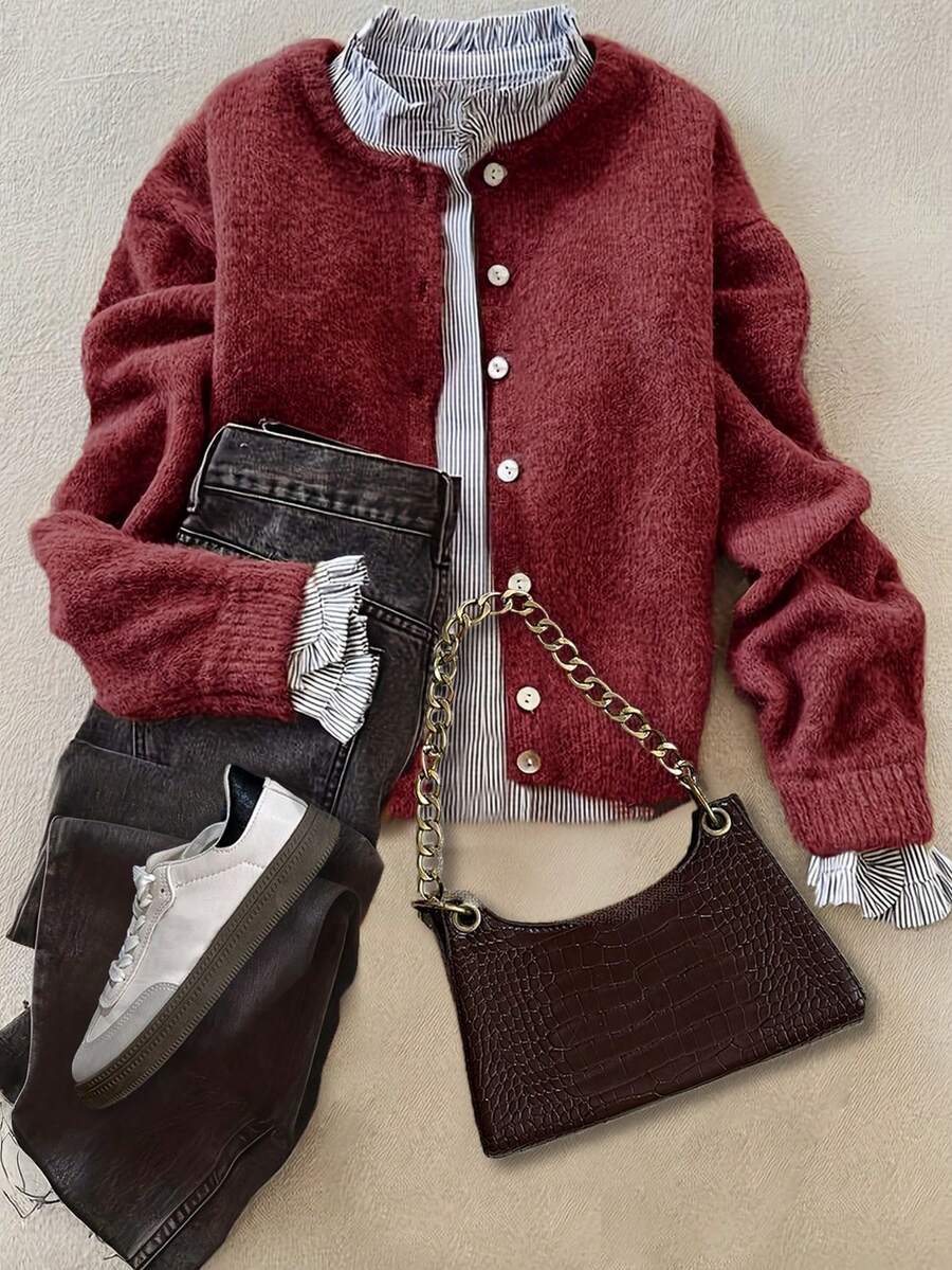 Autumn And Winter Elegant Casual Fashion Warm Sweater, Plush Yarn Texture Imitation Mink Feel Comfortable, Shell Buckle Round Neck Long Sleeve Knitted Sweater Cardigan,Fall Clothes For Women, Winter Clothes For Women,Fall Tops,Work/Office, Business Casual Woman