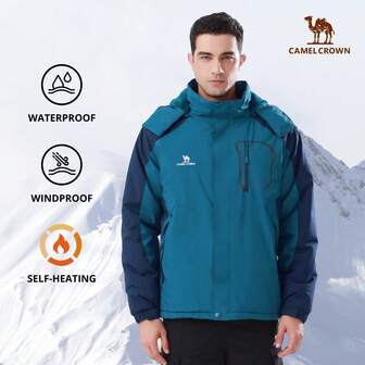 CAMEL CROWN 男士冬季夹克防水保暖雪地滑雪夹克蓬松羊毛雨衣带可拆卸兜帽