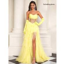 Yellow Mesh French Fishtail Lightweight Party Dress, Elegant Strapless Princess Gown For Birthday, Prom, Charming & Sexy - Yellow - View 2
