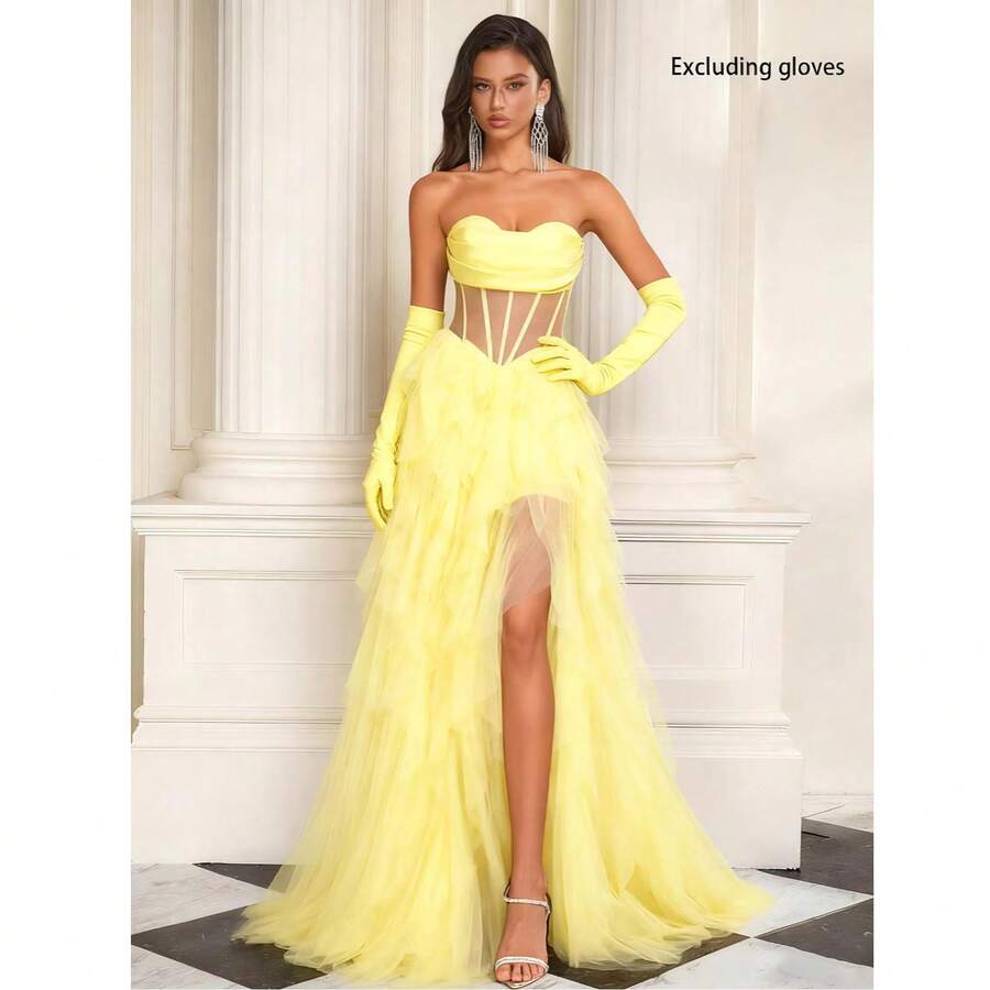 Yellow Mesh French Fishtail Lightweight Party Dress, Elegant Strapless Princess Gown For Birthday, Prom, Charming & Sexy