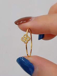 1pc Stainless Steel Classic Thin Clover Ring, Unique Design, Versatile Floral Ring, - Four-leaf Clover Ring With Diamonds - View 1