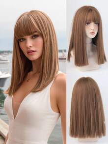 7JHH WIGS High Quality 16-Inch Shoulder Length Straight Brown Wigs For Women - Elegant Light Brown Wig With Bangs, Soft Silky Heat-Resistant Synthetic Fiber Hairpiece For Daily Wear, Perfect For Holidays Cosplay & Music Festival Use, Graduation Gift & Mother's Gift Wig Accessory - Light Brown - 查看 2