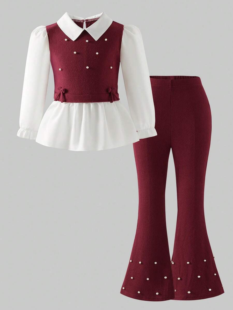 2pcs/Set Girls Elegant Lady Style 2 In 1 Beaded Sweatshirt & Burgundy Flared Casual Pants Set, Spring/Autumn - Burgundy - View 1