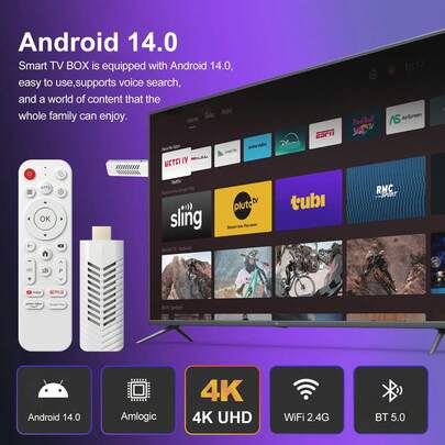 VELEC Android 14.0 电视棒 ATV 四核 WiFi6 2.4G/5.8Ghz 蓝牙5.0 4K 高清流媒体设备，适用于电视和投影仪，Android ATV 即插即用智能电视