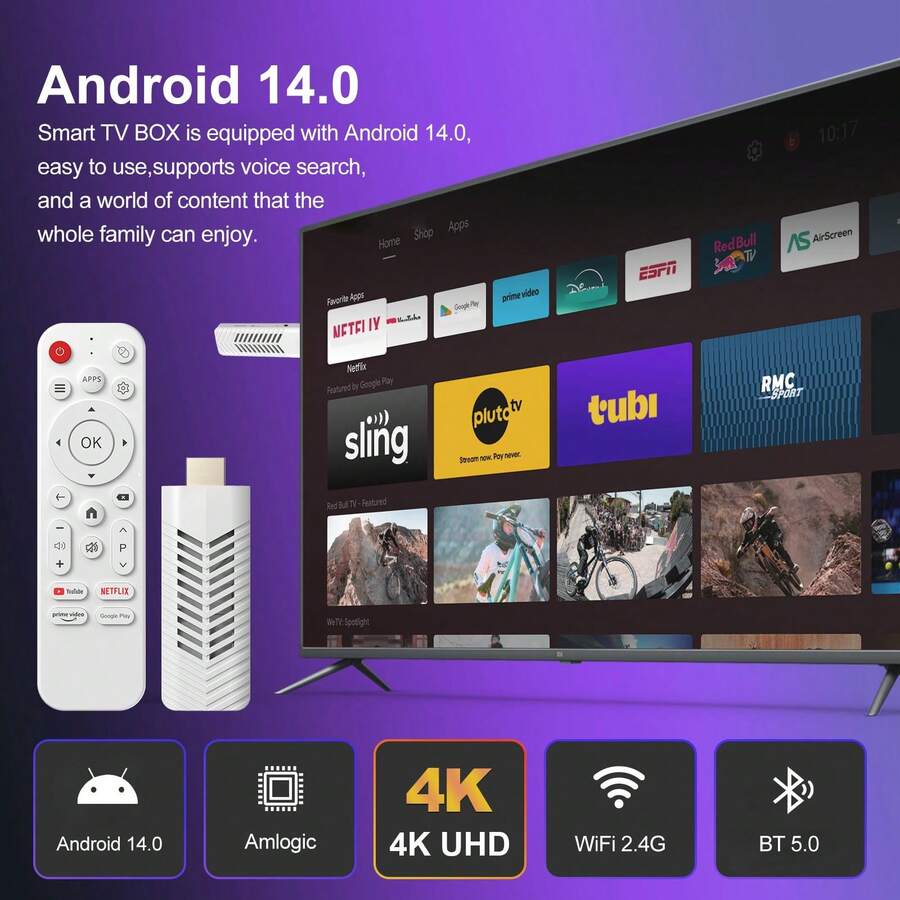 Dispositivo de transmisión Android 14.0 TV Stick ATV Quad-Core WiFi6 2.4G/5.8Ghz BT5.0 4K HD para TV y proyector, Android ATV Plug-In Smart TV - Blanco - Ver 1