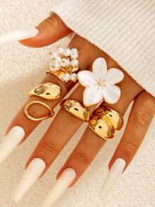 5件/12件套简约奢华不对称几何珍珠戒指套装，女士款，复古光滑表面，适合派对、送礼。