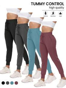 4 Pack Joggers For Women - Sweatpants With Pockets Lightweight Comfy Yoga Pants For Workout Travel Lounge - Đen + Xanh nhạt + Xám nhạt + Đỏ thẫm - Xem 1