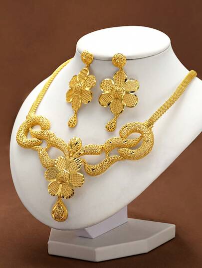 3Pcs Luxury Exquisite Beautifully Flower Water Drop Pendant Water Drop Plated 18k Gold Necklace Earrings Sets, Suitable For Women Girls Wedding Party Daily's Wear