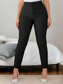 Pantalones casuales/de trabajo de unicolor y ajuste ceñido para mujer, color negro, para primavera - Negro - Ver 7
