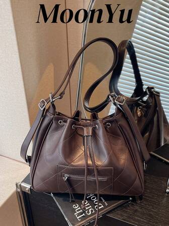 女士单肩手提包，时尚抽绳设计，菱形刺绣图案，优雅奢华水桶包，适合购物、通勤、约会，卡其色