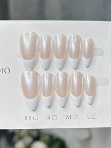10片手工杏仁形美甲贴片，中号，简约裸粉色美甲，白色法式美甲，铬粉美甲，铬甲，简约优雅手工秋季美甲，秋季贴片美甲，圣诞美甲，Y2K风格节日美甲，派对美甲，日常约会美甲，海滩热带度假美甲适用，DIY假指甲，适合女性和女孩作为礼物美甲用品 - 白色 - 查看 9