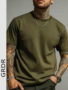 男士休闲纯色圆领短袖T恤，适合日常休闲穿着 - 軍綠色 - 查看 3