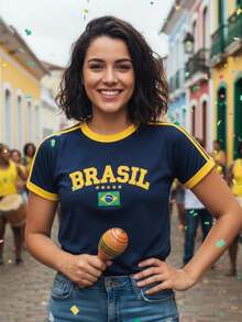 Women's Embroidered Brazil Shirt – Regular Fit, Casual Look, No River - Navy Blue - View 4