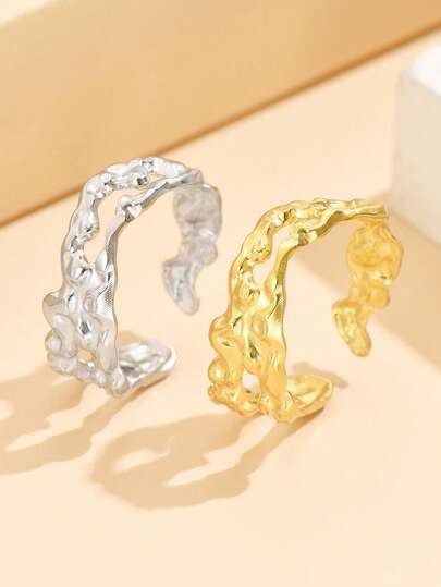 1pc Vintage Punk Asymmetrical Liquid Texture Ring, Multi-Element Open Ring, 18K Gold Vacuum Plated Stainless Steel Ring Jewelry For Women, Suitable For Daily Wear
