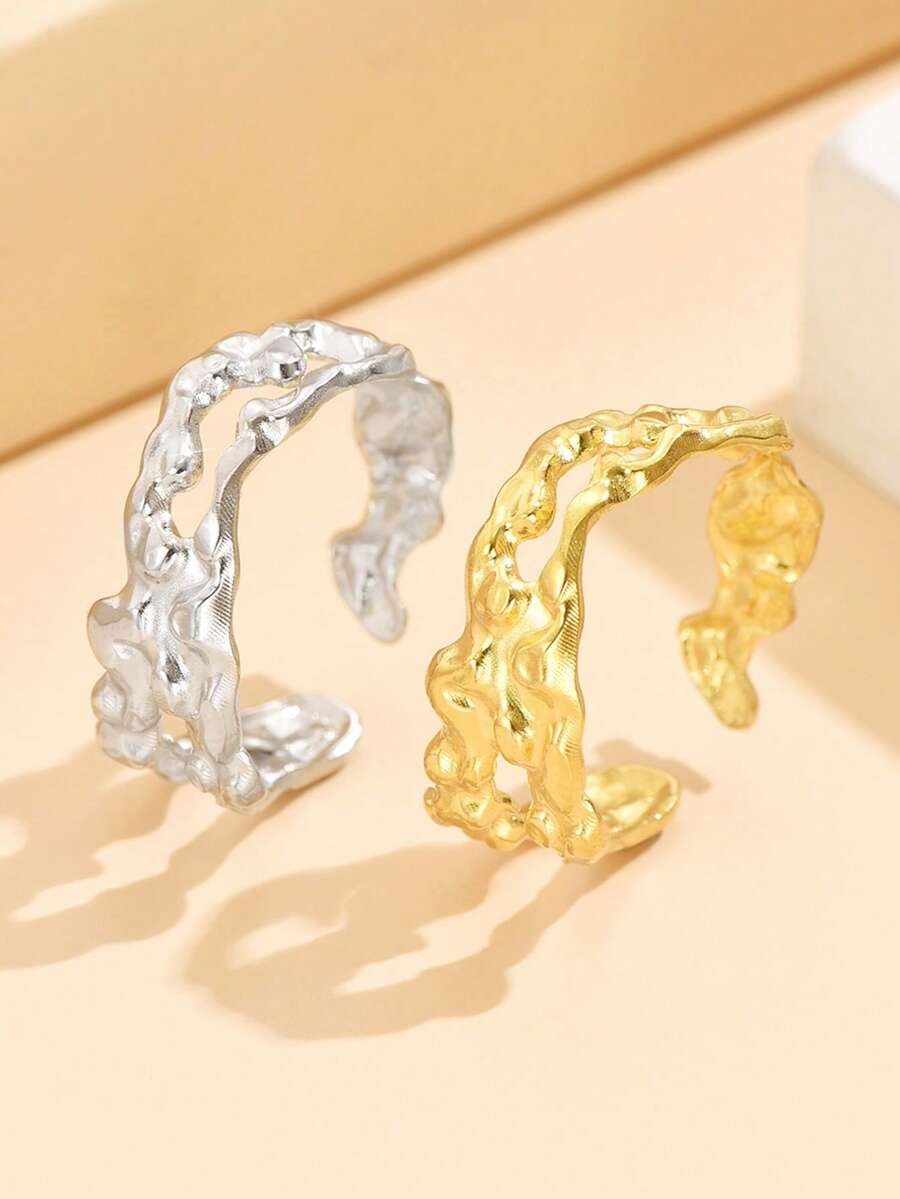 1 st vintage punk asymmetrisk flytande texturring, öppen ring med flera element, 18K guld vakuumpläterad rostfri stålring för kvinnor, lämplig för vardagsbruk - flera element - Visa 1