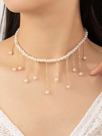 优雅时尚珍珠流苏串珠吊坠项链，女士高贵颈链，派对/礼物