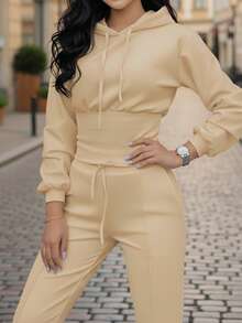 Spring New Women's Set, Solid Color Minimalist Waist Cinching Hooded Sweatshirt And Skinny Pencil Pants 2 Pieces Outfit - Apricot - View 9