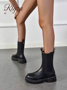 Fall/Winter 2025 Style With Skirt Match Any Cardigan,Women's Fashion Chelsea Booties, Solid Color, Elastic Back Panel, Zipper Closure, Slip-On, Black - Black - View 5