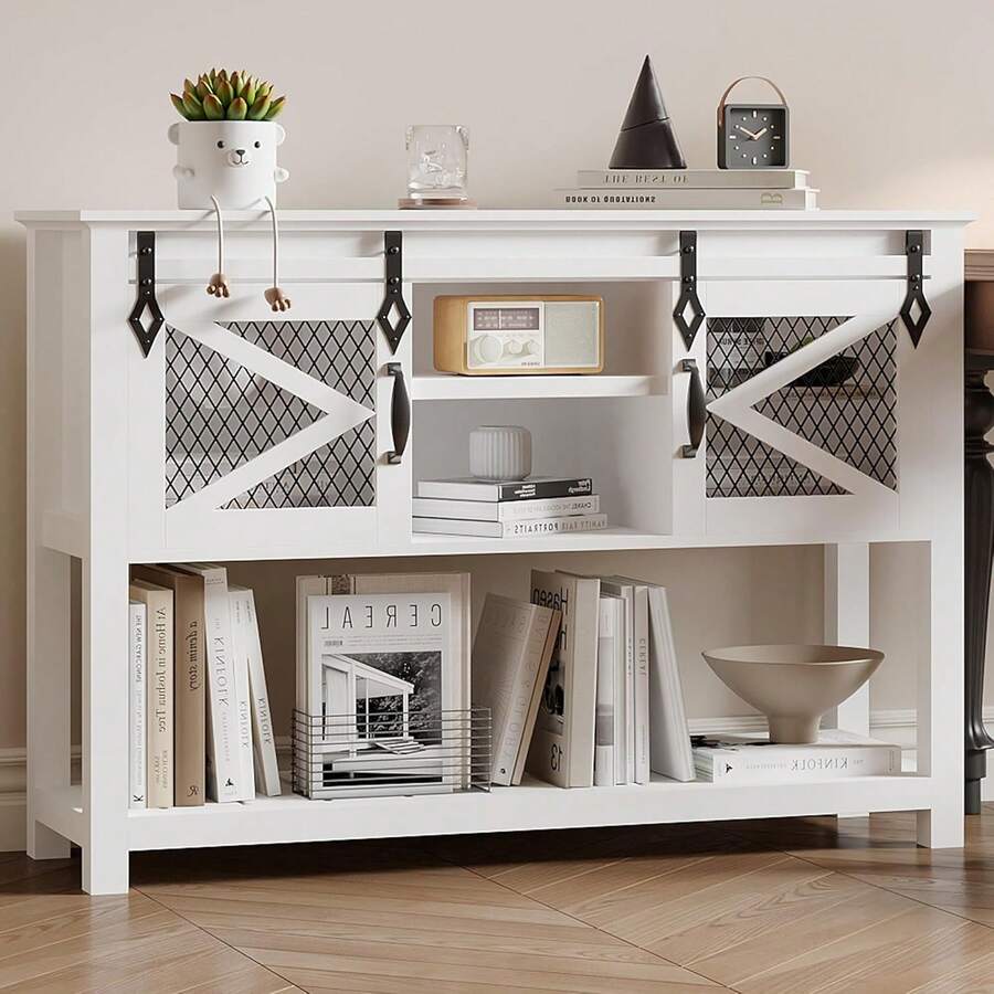 Barn-Style Sliding Door Entryway Table - Rustic Industrial, 46 Inches With Storage, Open Shelf And 2 Cabinets | Sofa, Hallway, Console - White - View 1