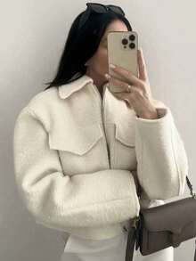 TRAFZA Damen Lässig Jacke aus Kunstwolle, einfarbiger Kragen, Langarm, praktische Taschen, weite Passform, Herbst/Winter - Beige - Übersicht 3