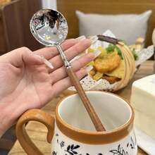 [7.8-Inch Extended Handle]Stainless Steel Imitation Wood Grain Dinner Spoon, Deep Soup Spoon, Dessert Spoon, Coffee Stirring Spoon. Suitable For Cereal/Dessert/Soup/Tall Cup Drinks. Durable Tableware For Home, Restaurant, And Café - Silver - View 6