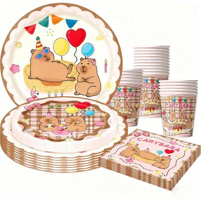 10pcs Capybara Themed Birthday Decorations, Capybara Party Disposable Tableware Decorations Including 7/9 Inch Napkins And 9 Oz Paper Cups Cute Cartoon Party Decorations, Birthday Decorations, Friends Parties, Outdoor Camping Picnics, New Year Party, Holiday Party Supplies