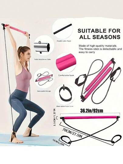 Pilates Bar Set, Stylish Design With Colored Resistance Bands - Women's Stainless Steel Fitness Equipment, Perfect For Home Gyms, Yoga, Squats, And Full-Body Shaping. Lightweight, Easy To Assemble And Carry, Gym Accessory, Christmas Gift, New Year's Gift.