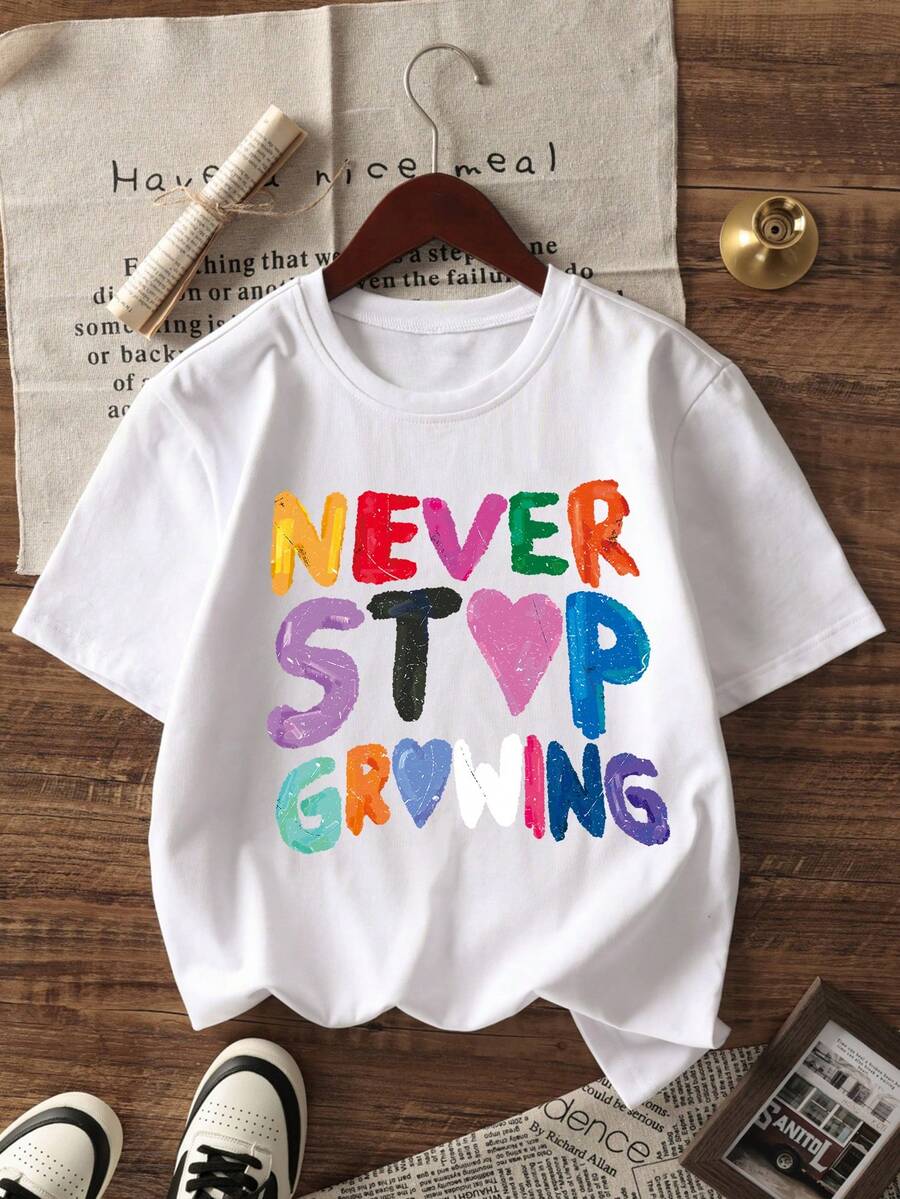 Plus Size Women Casual Holiday Round Neck Short Sleeve T-Shirt With Colorful Graphic Slogan Print - White - View 1