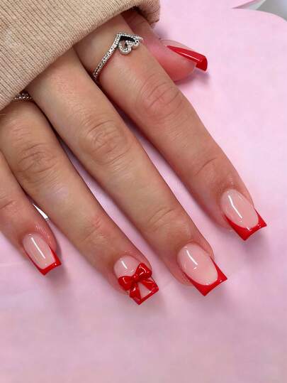 ARTAUG 24pcs Red French Press-On Nail Stickers, 3D Bow Artificial Nail Patches, Full Coverage Wearable False Nails For Women And Girls, DIY Manicure Nail Supplies