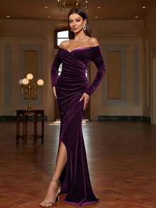 Women's Off-Shoulder Slit Dress: Elegant Pleated Fitted Long Sleeve Evening Gown, Perfect For Parties And Banquets - Purple - View 4