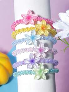 6 pièces Bracelet/Jonc/Accessoire de poignet avec pendentif fleur mignon et perles, convient pour les filles au quotidien, les festivals, les anniversaires et les fêtes - Multicolore - Voir 6