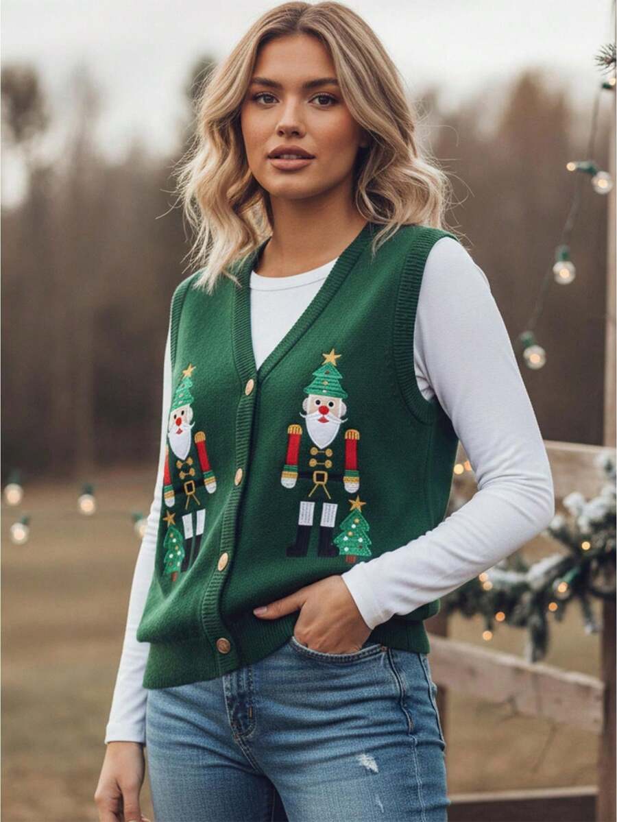Women Christmas Sweater Vest Button Up Stylish Soldier Embroidered Ribbed V Neck Sleeveless Knitted Tank Tops - Green - View 1