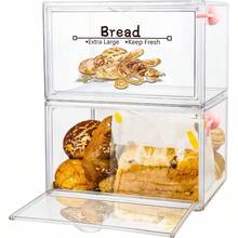 2PCS Bread Bin For Kitchen Storage And Organisation Large Bread Box For Kitchen Countertop Stackable Double Layer Bread Storage Container Clear Bread Boxes For Kitchen Counter Bread Keeper For Homemade Bread 2 PCS - Clear - View 1