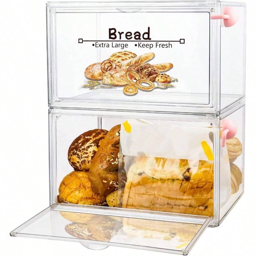 2PCS Bread Bin For Kitchen Storage And Organisation Large Bread Box For Kitchen Countertop Stackable Double Layer Bread Storage Container Clear Bread Boxes For Kitchen Counter Bread Keeper For Homemade Bread 2 PCS - Clear - View 1