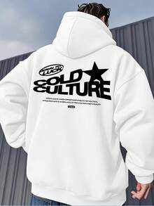 2 Sided Men's Hooded Sweatshirt With C O L D CULTURE Logo & Back Print - Double-Sided Streetwear Pullover, Casual Sweater For Spring Fall Layering White - 白色 - 查看 3