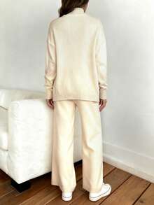 时尚高领衫和直筒裤，女士毛衣秋冬套装，两件套，2024 年 - 杏色 - 查看 4