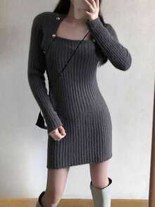 Alicedudu 女士秋冬优雅修身毛衣连衣裙 - 深灰色 - 查看 4
