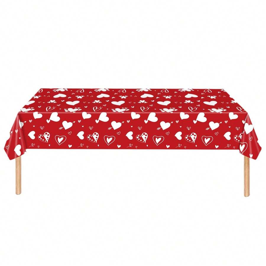 Valentines Day Tablecloth Disposable Red Tablecover PE Rectangle Love Heart Table Cover For Wedding Anniversary Party Decorations - Red - View 1