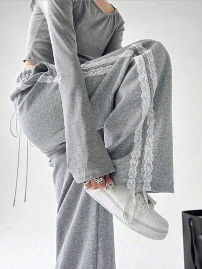 女士冬季蕾丝侧边抽绳阔腿运动裤，宽松休闲裤，浅灰色+高腰系带休闲风长裤，日系甜美慵懒风