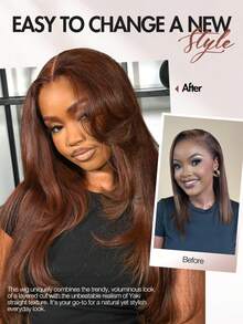 长款层次直发Yaki假发，中分无刘海，无需胶水，预先剪裁，即戴即走，高密度耐热纤维，无蕾丝，适合女性日常或派对佩戴，26英寸长（铜姜色） - 挑染金色 - 查看 5