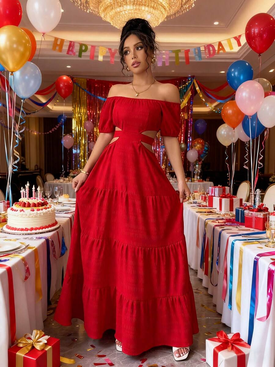 Women's Dresses, Printed Maxi Dress With Off-The-Shoulder And Waist Detail, Retro Resort-Style Dress With A Fitted Waist, Boho-Style Maxi Dress That Slims The Silhouette. - Red - View 1