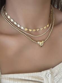 Set de 3 collares elegantes con decoración de corazón, cuentas doradas de CCB y multicapa, collar de cadena con strass adecuado para uso diario, citas, fiestas y regalos de vacaciones para mujeres - Amarillo Oro - Ver 2