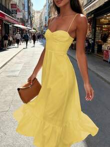 Vestido maxi elegante de playa con hombros descubiertos y tirantes de amarre, vestido casual bohemio y sexy con espalda abierta y corte evasé para mujer, para primavera/verano/otoño - Amarillo - Ver 4