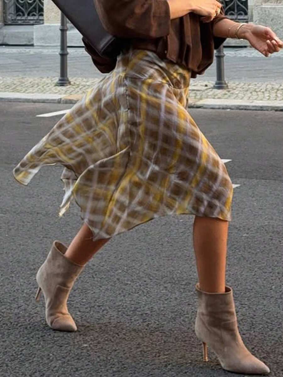 新款时尚优雅格子休闲波西米亚风雪纺不对称下摆半身裙，适合度假、海滩、节日、下午茶、日常穿着、旅行等场合。 - 花棕 - 查看 1